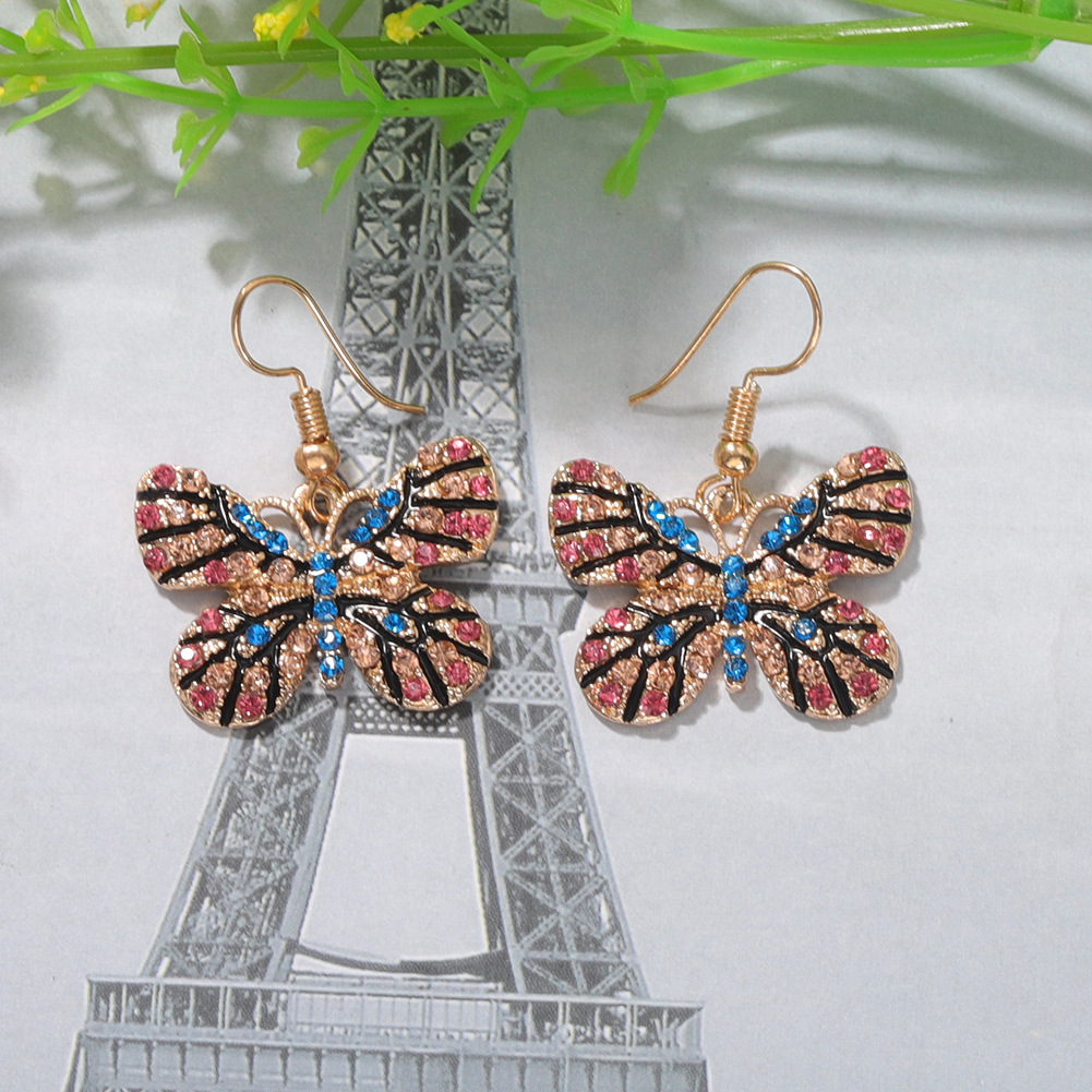 Color Diamond Butterfly Earrings Color Insect Exaggerated Ear Hook Multi-color Super Flash Full Diamond Earrings Wholesale Nihaojewelry display picture 8