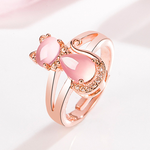 Korean version pink crystal cat ring for women with diamond hibiscus stone cat ring cute cat open fashion ring