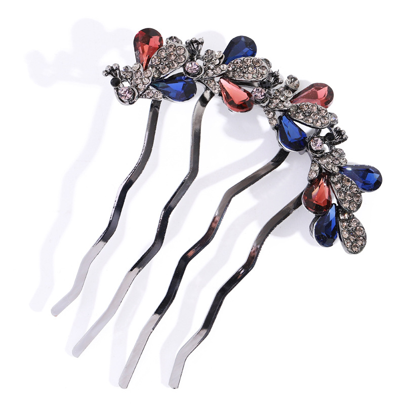 Korean Peacock Hair Accessory Rhinestone Retro Anti-Slip Tooth Comb Hair Clip Hair Fork Women's Elegance Bun Elegant Hair Comb 