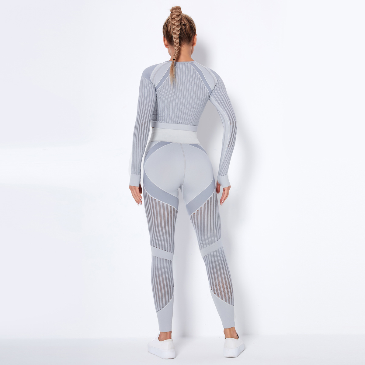Seamless Mesh Quick-Drying Long Sleeve Striped Yoga Suit NSNS10714