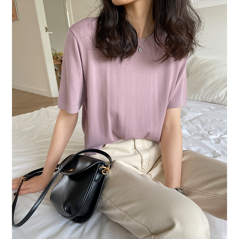 2020初春上衣女百搭早春冰麻圆领短袖t恤女一件代发女装韩版夏季