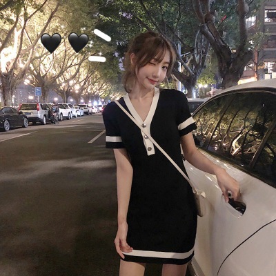 2020 summer Small fragrant wind sexy Self cultivation fairy Sweet Package hip Little skirt black knitting Dress