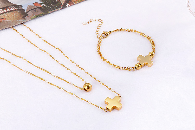Stainless Steel Cross Double Layer Necklace Bracelet Jewelry Set