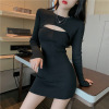 Design feeling hollow out sexy knitting slim fit wrap hip suspender skirt + Long Sleeve Blouse two piece set