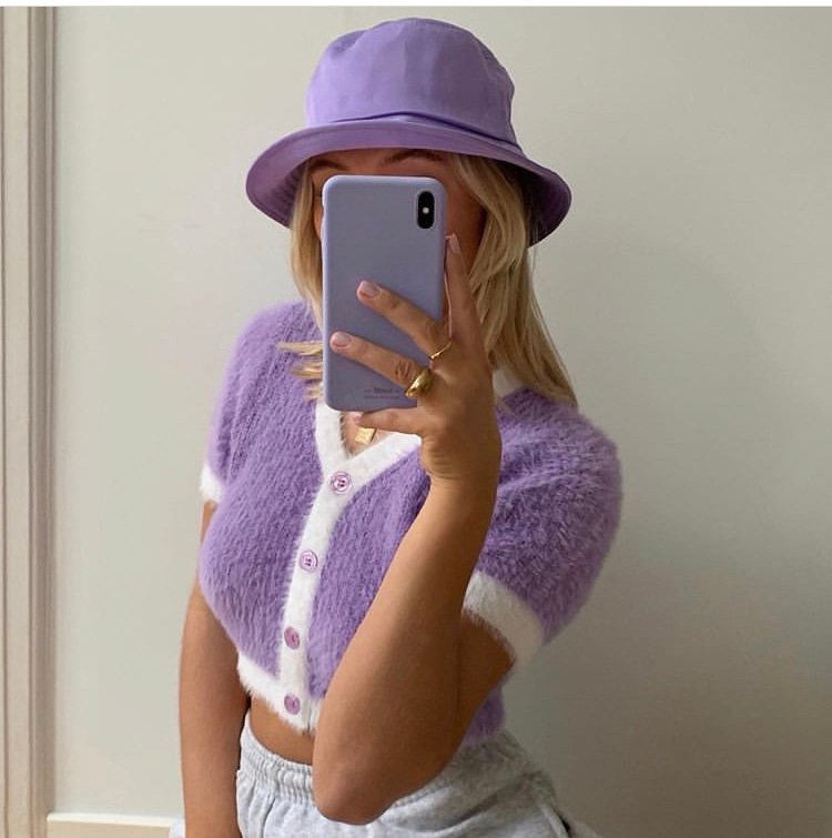 Slim Short Purple Short-Sleeved Knitted Sweater Cardigan NSZQW115406