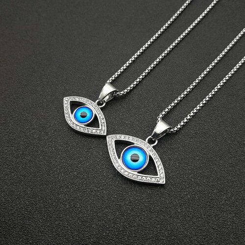 European and American Cross-Border Hip-Hop Jewelry Hip-Hop Earrings and Necklace with Titanium Steel, Gold Plating, and Diamond-Embedded Turkish Blue Eyes