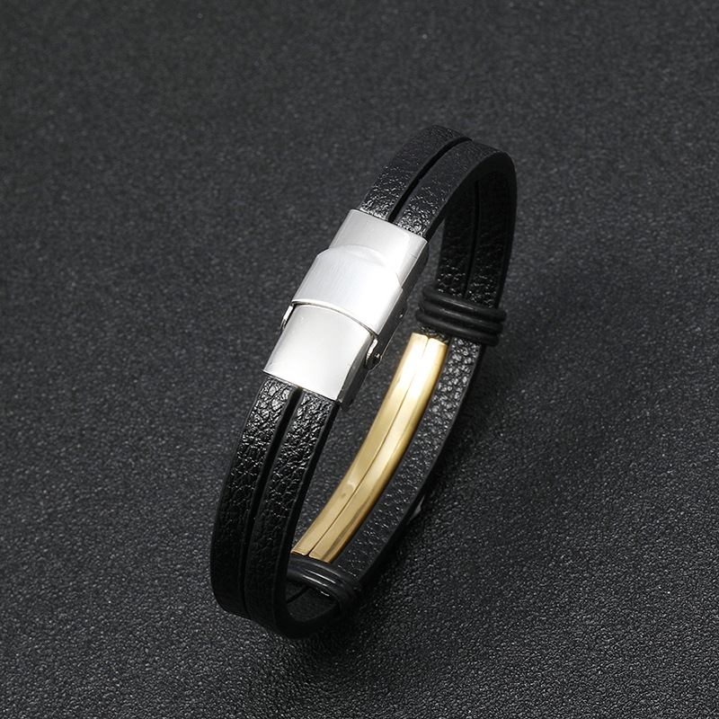 Simple Smooth Stainless Steel Men's Leather Bracelet display picture 1