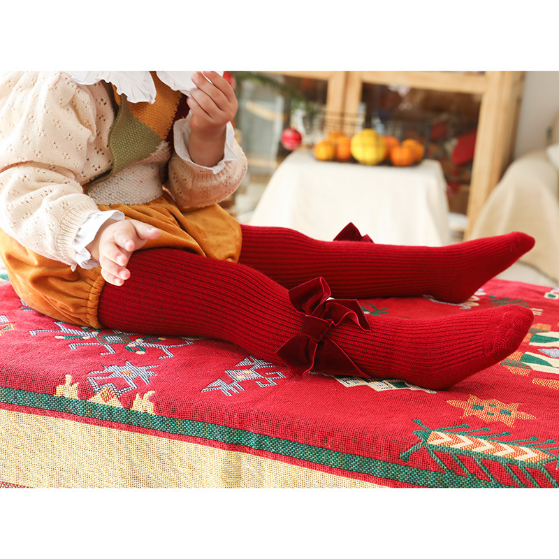 Christmas Festival Solid Color Pattern Winter, Autumn Season Girl'S Gender Christmas Fashion Solid Color Bowknot Fleece Polyacrylonitrile Fiber Pants & Leggings
