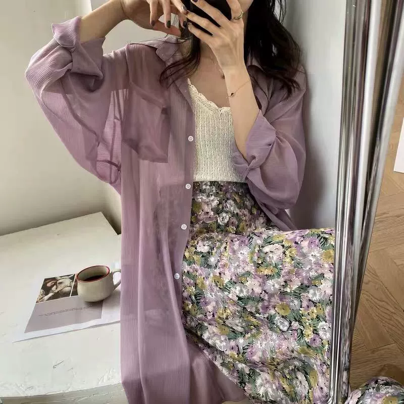 Seaside Vacation Chic, однотонная свободная тонкая Солнцезащитная рубашка, женская летняя новая Повседневная рубашка, куртка