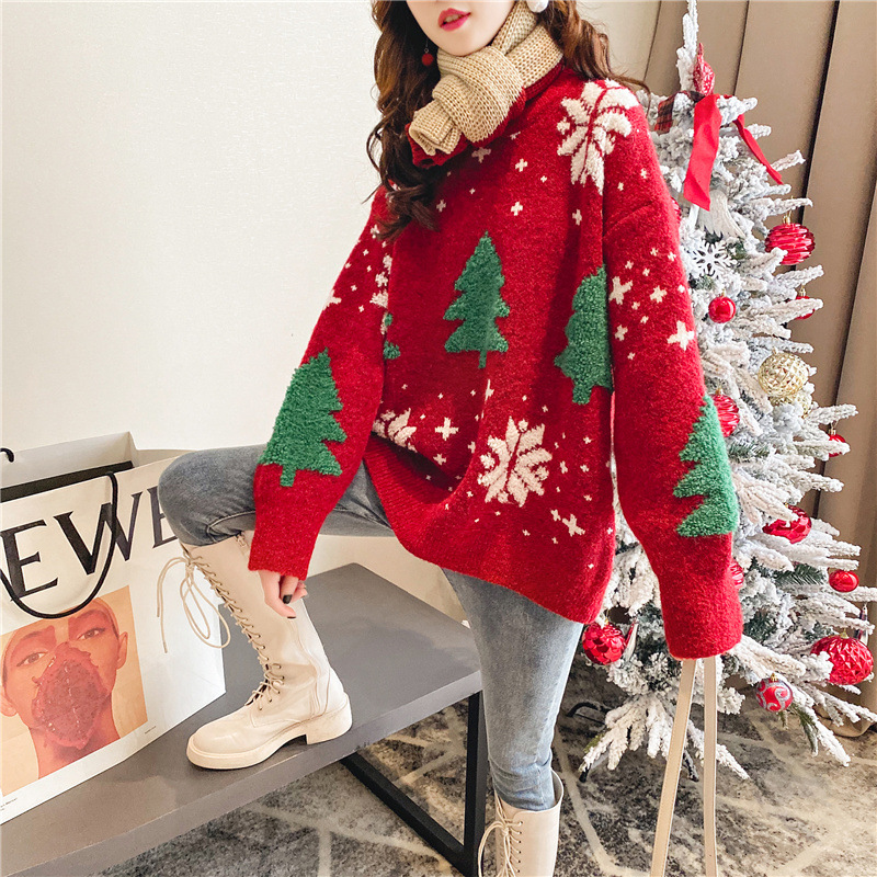 Suéter Navideño Rojo Grueso para Mujer, Jersey, Otoño-Invierno 2024, Nuevo Estilo Moderno, Súper Popular, Holgado y Casual