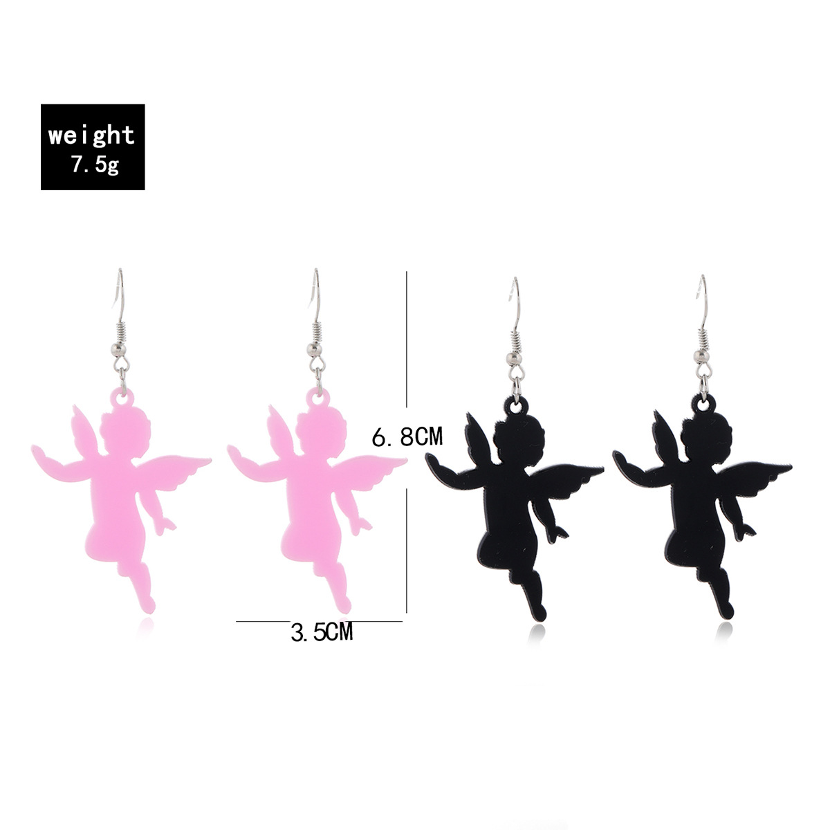 New Silver Ear Hook Pink Black Acrylic Little Angel Pendant Earrings Set display picture 7