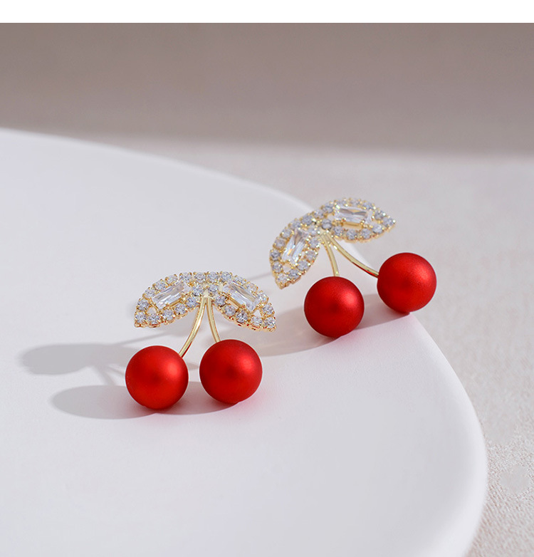 S925 Silver Needle Red Cherries Earrings display picture 7