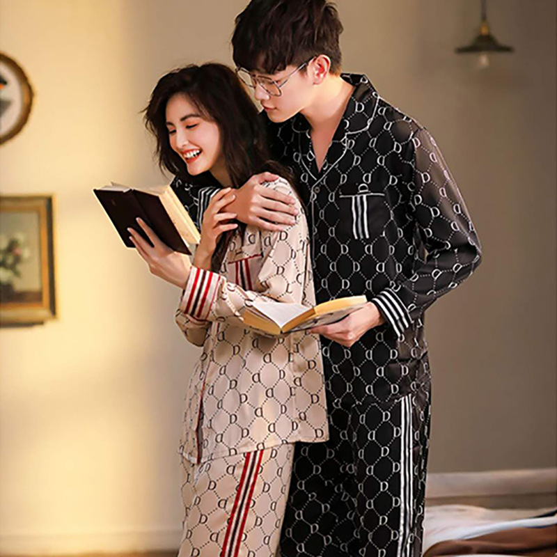 2020新款女士家居服 丝绸亲肤字母D双色睡衣长袖长裤宽松透气批发