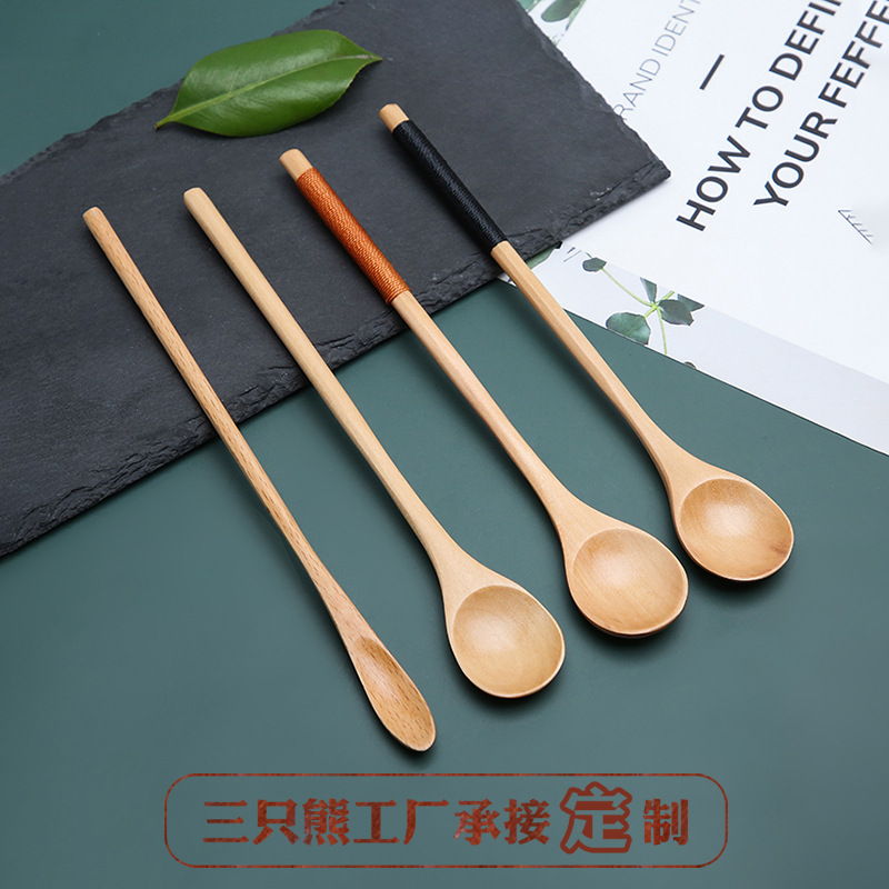 Estilo japonés bobinado mango largo cuchara de madera pintura grande café leche té miel mezcla cuchara vajilla de madera cuchara de sopa imprimible LOGO