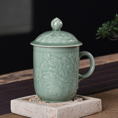 巧陶李茂林大师龙泉青瓷手工带盖牡丹杯领导泡茶办公会议个人茶杯