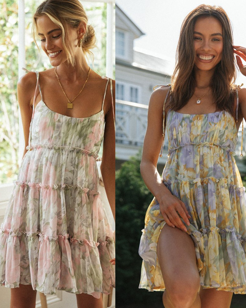 floral printed pleated stitching lace-up slip dress NSJKW119148