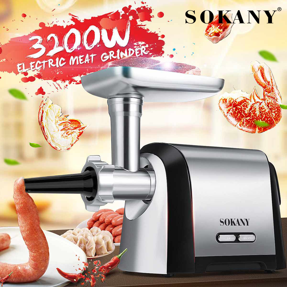 S O K A N Y088 Electric Meat Grinder Household Multi-functional Fully Automatic Stainless Steel Minced Meat Filling Machine Sausage Filling Machine