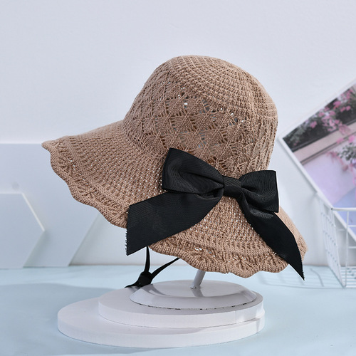 ins knitted straw hat Korean style summer big brim breathable sun protection hat women's fashion folding bow hat