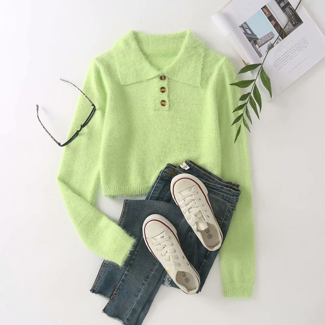  green POLO collar plush fleece long sleeve sweater  NSAM4991