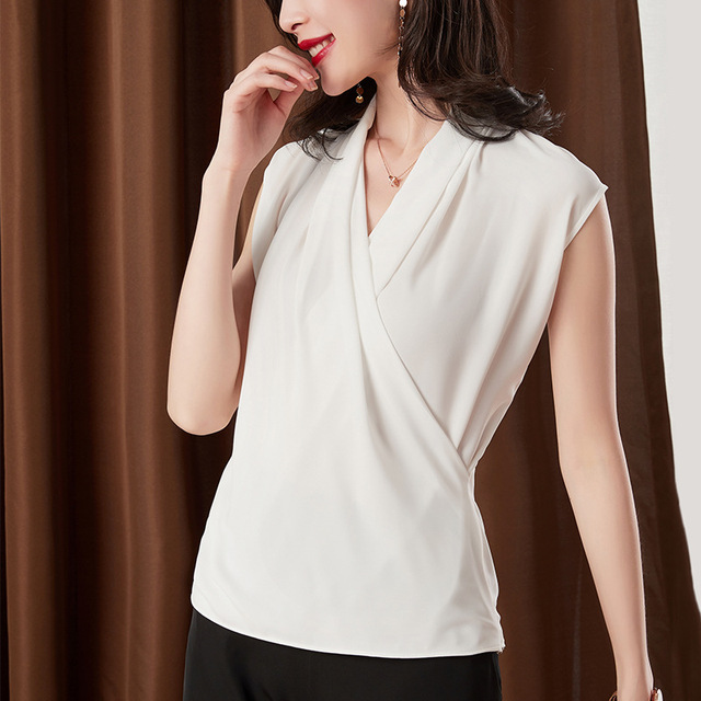 Short Sleeve Chiffon Blouse women’s design sense top Korean V-neck white shirt