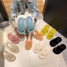 2020年秋冬网红拖鞋外贸交叉毛毛拖鞋女鞋slippers外穿保暖室内女