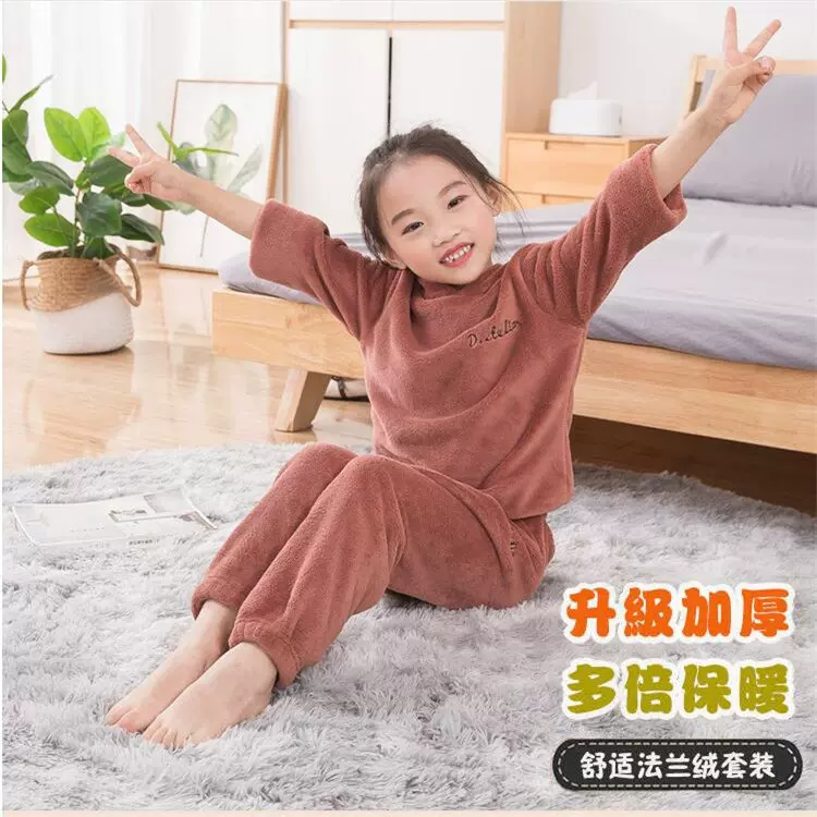 跨境男女暖暖裤套装儿童珊瑚绒睡衣宝宝家居保暖衣睡衣有帽子睡衣