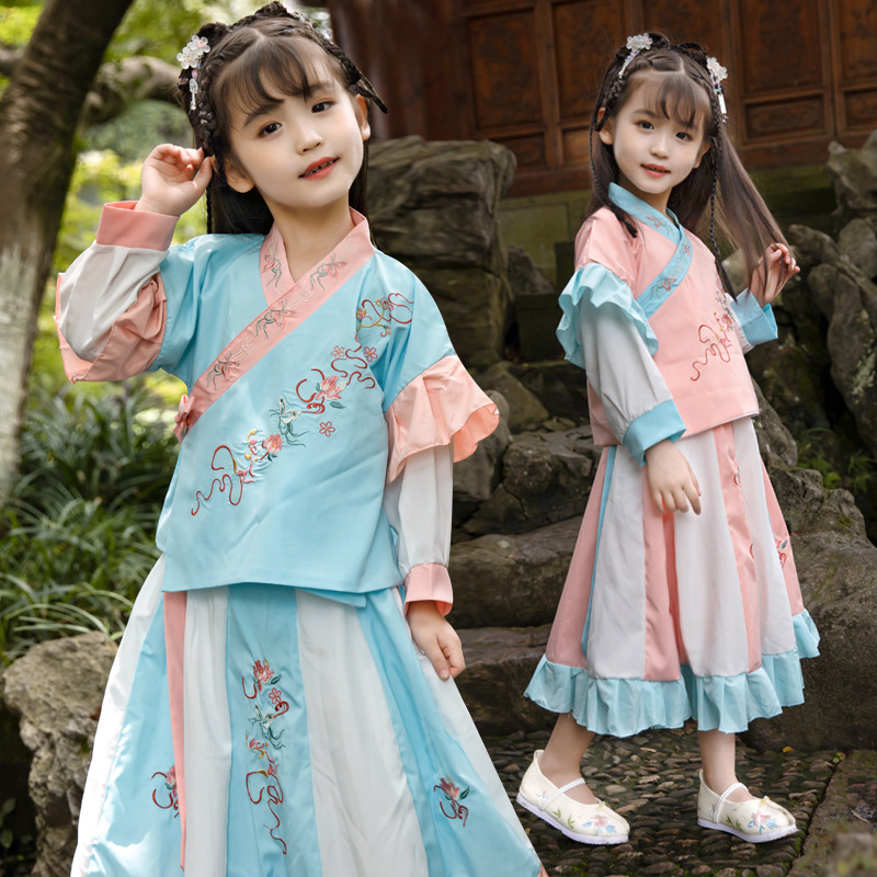 2020女童汉服春秋装改良女宝宝唐装女孩复古荷叶边裙摆中国风套装