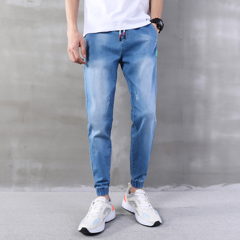 2020新款牛仔裤男韩版港风九分裤男青少年时尚宽松束脚裤男小脚裤|ms