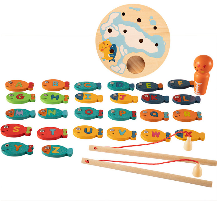 木制小猫摸鱼儿童早教二杆钓鱼游戏2-6岁木质玩具|ms