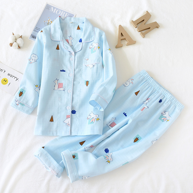 블루 다크 격자 토끼 거즈 세트