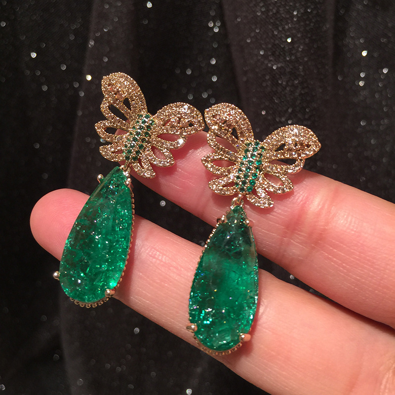 Golden Butterfly Earrings Hollow Super Fairy Emerald Tourmaline Earrings S925 Silver Needle Luxury Exaggeration Large Earrings display picture 5