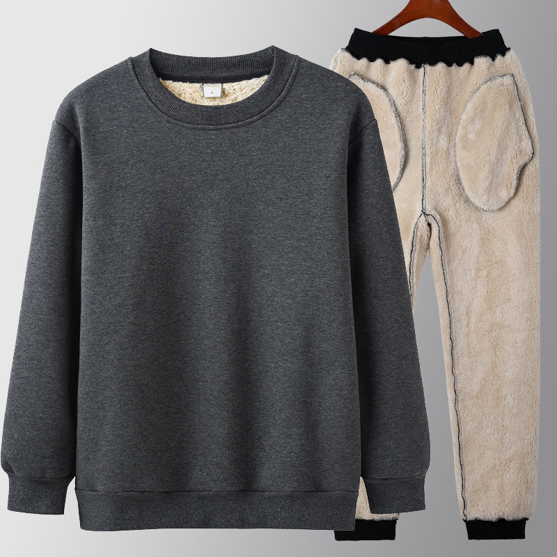 Plush thickening T-shirts Sweater man motion leisure time suit Autumn and winter Two piece set Sherpa keep warm jacket