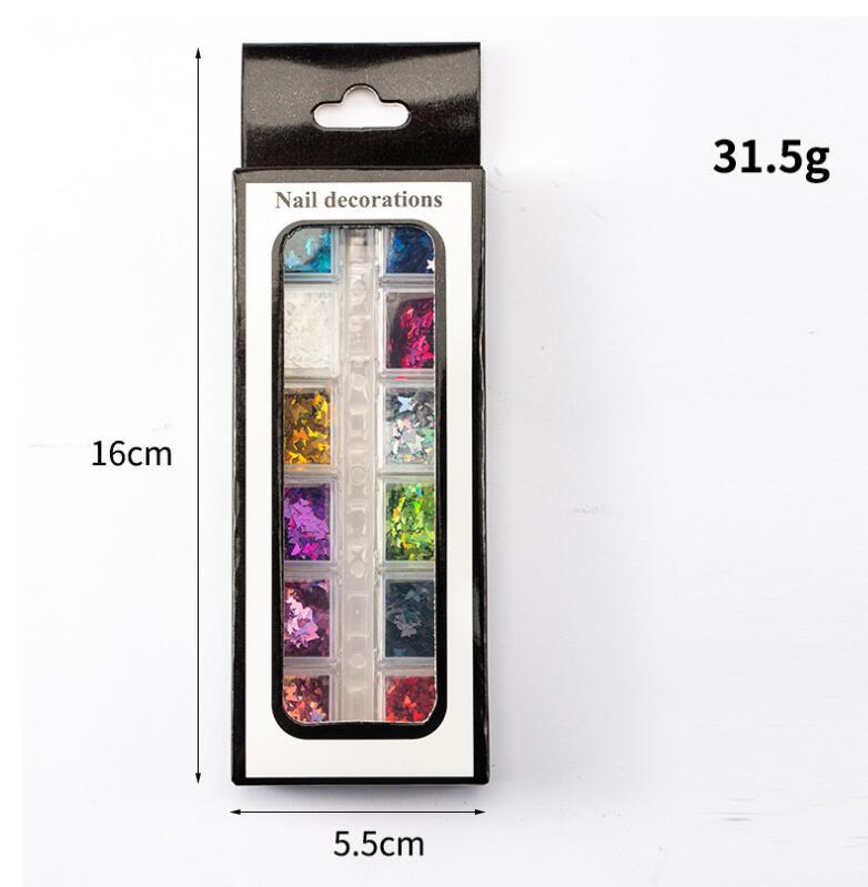 Taifei uñas caja de tira larga lentejuelas 12 rejilla caja de tira larga parche de uñas DIY uñas lentejuelas uñas traje de joyería