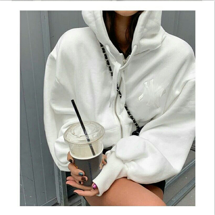 2020春季新品女 韓版薄款字母刺繡前拉鏈連帽短款外套長袖夾克