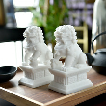 迪斯凱 新中式漢白玉石獅子玉璽擺件 書房家居裝飾桌面樹脂擺件