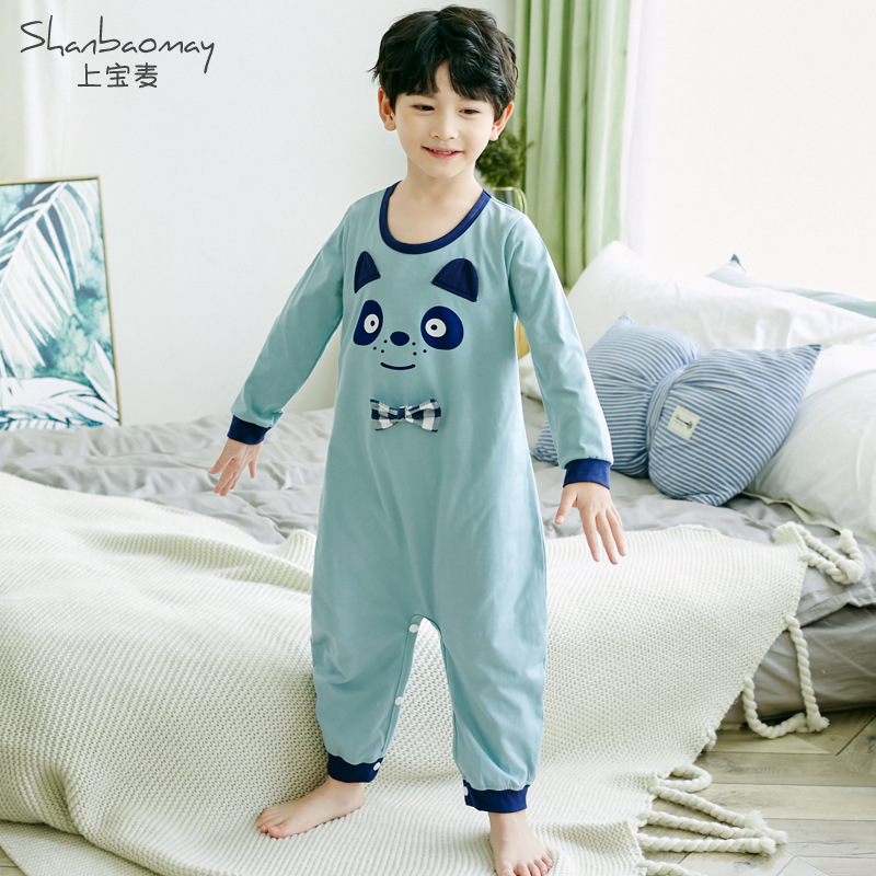 SHANGBAOMAI 가을 새로운 어린이 원피스 잠옷 긴팔 순면 얇은 원피스 잠옷 감기 예방을위한 가정 옷