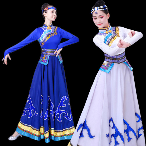 Ethnic Mongolian dress female Mongolia royal blue dance dresses adult performance dance costumes