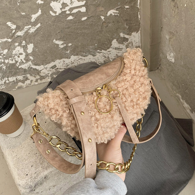 上新毛毛小腰包女2020冬季新款時尚休閑胸包韓版單肩包簡約胯包潮