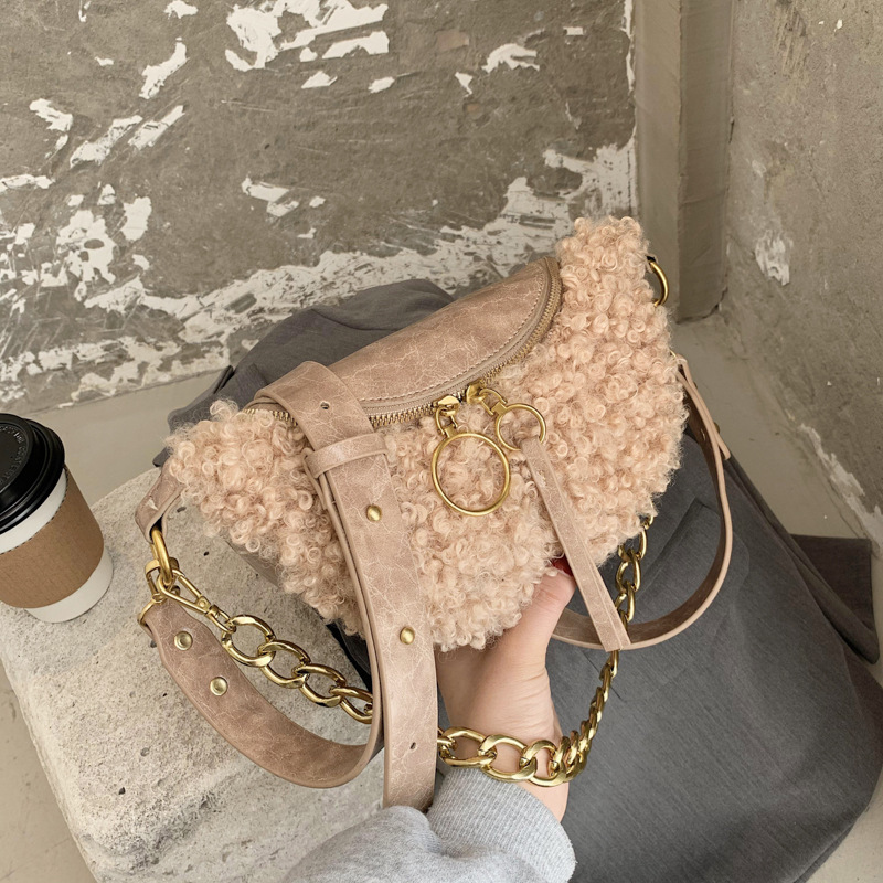 上新毛毛小腰包女2020冬季新款時尚休閑胸包韓版單肩包簡約胯包潮