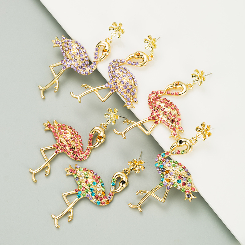 Boucles D&#39;oreilles Créatives Pour Femmes En Alliage De Flamant Rose Incrusté De Strass display picture 1