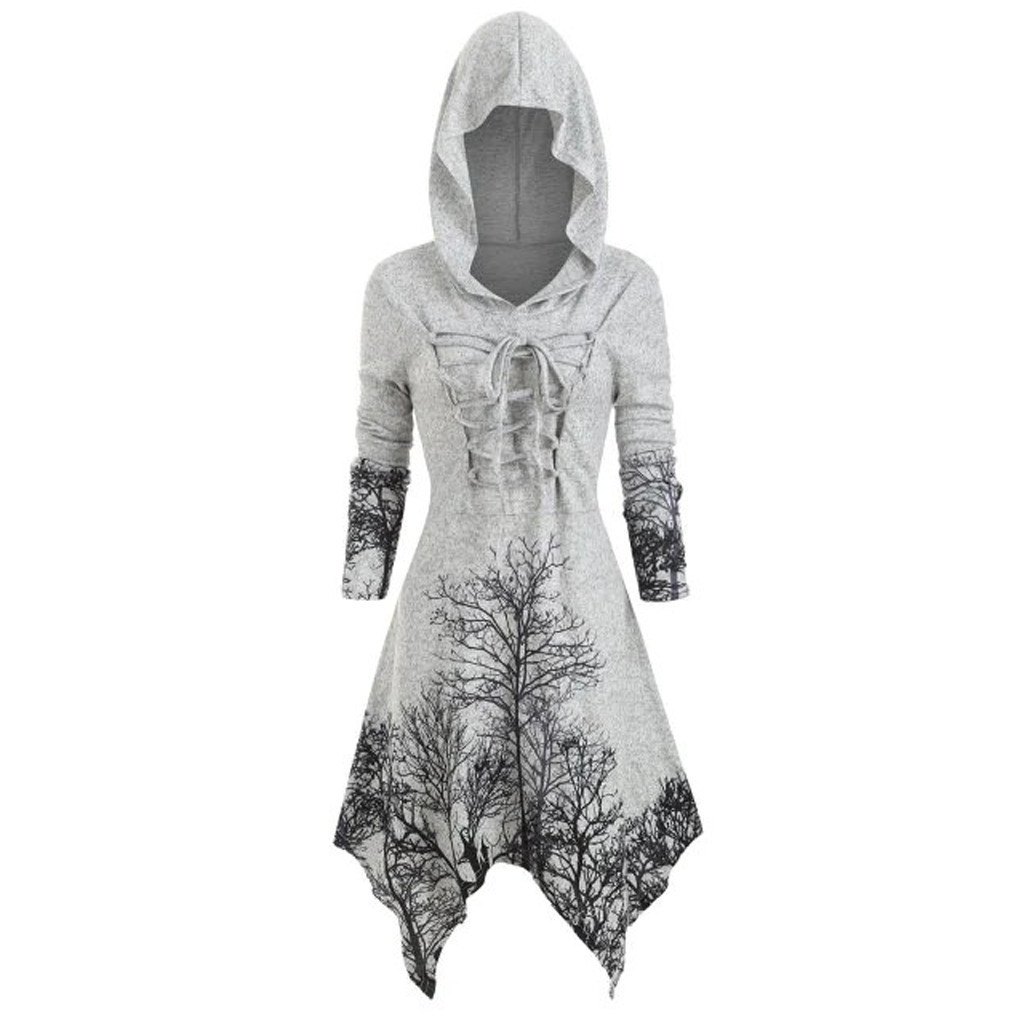 Tree Pattern Printed Hooded Dress