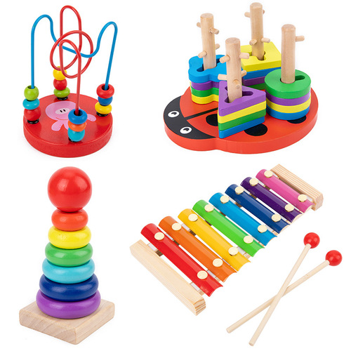 Baby and Toddler Eight-Tone Hand Percussion Bead Stringing Worm Rainbow Tower Fishing Early Education Benefit Intelligence Wooden Toy