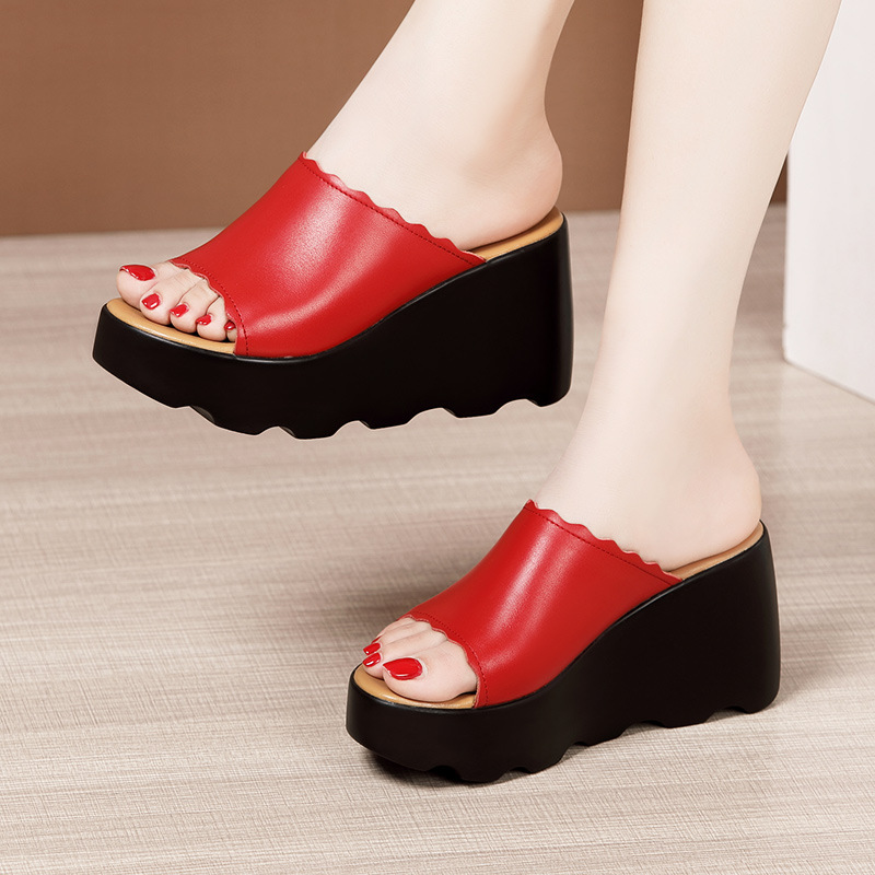 Dép cao gót đế xuồng nữ hè 2025, đế platform dày, hở mũi, gót 8 cm — Màu xanh lục 8cm, Màu đỏ 8cm, Trắng 8cm, Đen 8cm