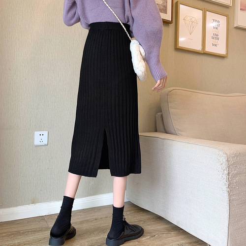 Knitted skirt women's autumn and winter Korean style new temperament mid-length slit black skirt winter high-waisted A-line skirt
