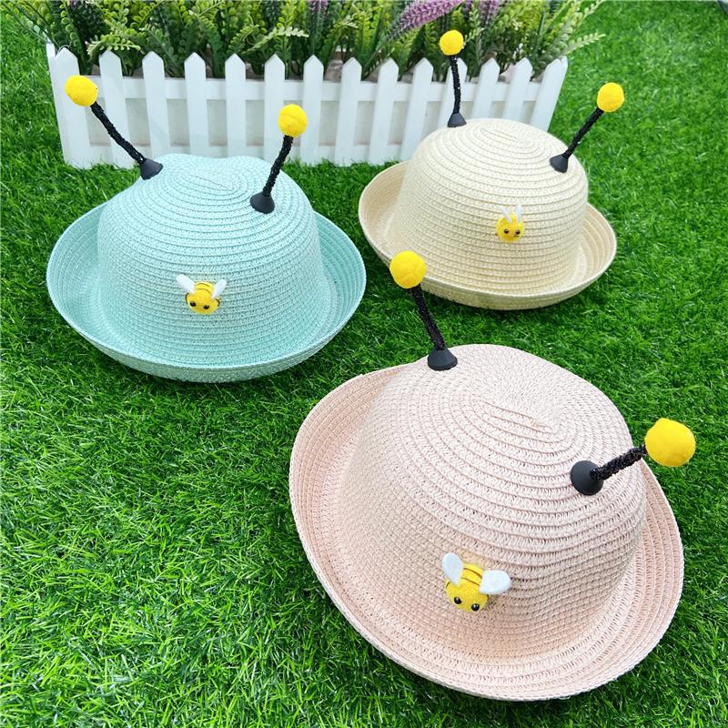 196g Weight Printing Pattern Unisex Gender Khaki, Sky Blue, Rose Red, Beige, Pink, Green Color Children's Straw Hat Boy Sun Hat Baby Bee Super Cute Sunscreen Hat 1