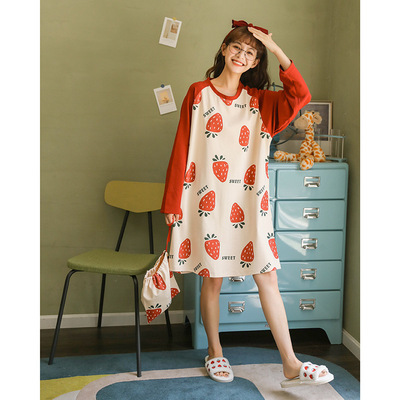 纯棉长袖睡裙女士春秋季韩版可爱卡通家居服睡衣学生两件套收纳袋|ms