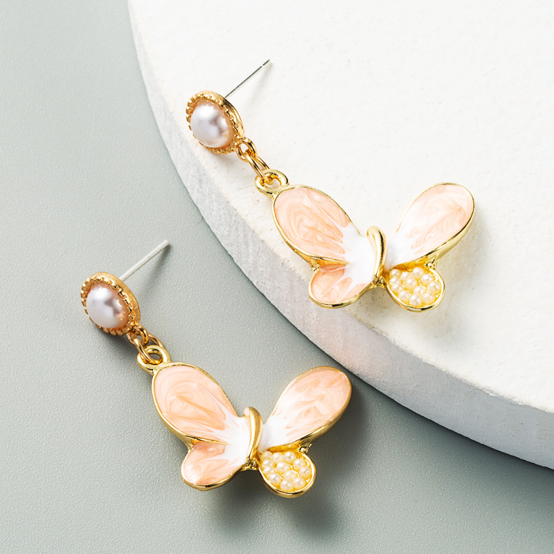 S925 Silver Needle Earrings Korean Alloy Drop Oil Inlaid Pearl Butterfly Earrings For Girl Fashion Heart Earrings display picture 6
