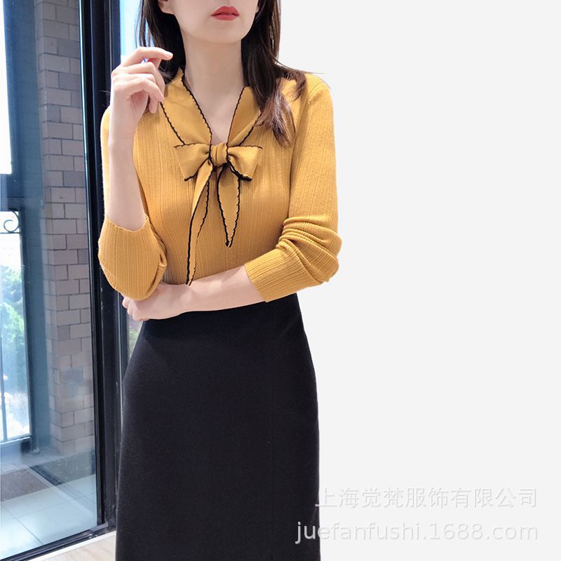 Elegant Slim-Fitting Bow-Tie Collar Knitted Sweater Base Layer Women's Winter New Style