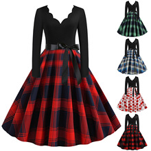 C0646 工厂货源热卖复古V领长袖撞色拼接格纹印花大摆连衣裙现货