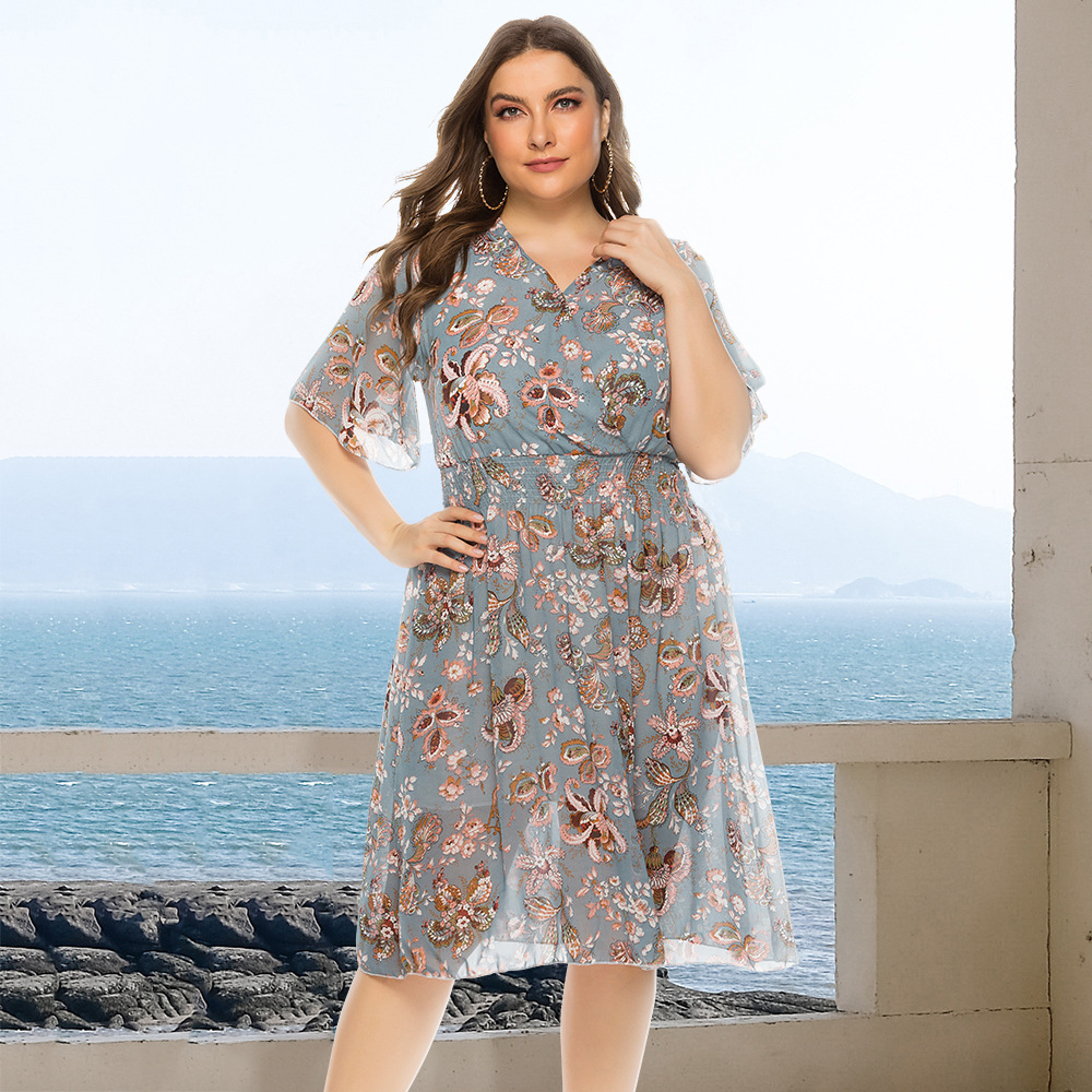 plus size fashion printed mesh stitching flying sleeve dress  NSJR39460